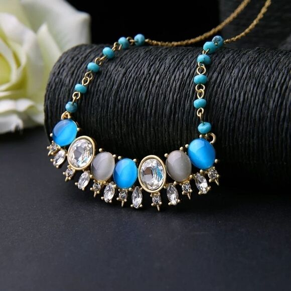 Blue Crystal & Rhinestone Beaded Vintage Gold Statement Collar Necklace - Picture 7 of 8